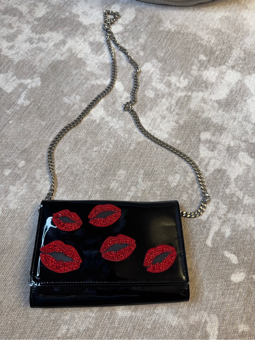 Black Giuseppe Patent Crossbody Bag with Red Lip Embellishments